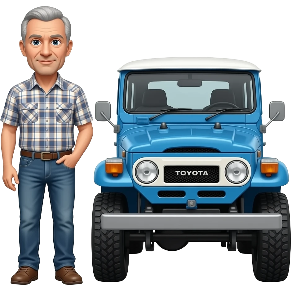 Toyota fj40 Land Cruiser emoji style with balding grey hair man with clean shaven face wearing jeans and short sleeve shirt standing next to blue fj40 emoji