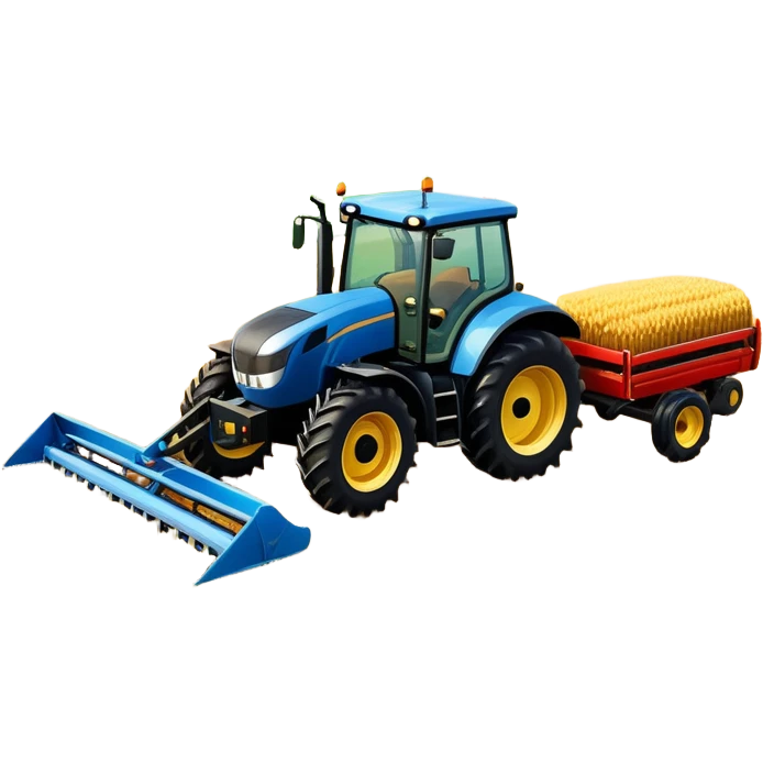 An icon representing a farming simulator, with a detailed tractor plowing fields under a bright sky with rural landscape. The design includes farming tools, crops and barns, symbolizing the immersive experience of managing a farm. Transparent background. emoji