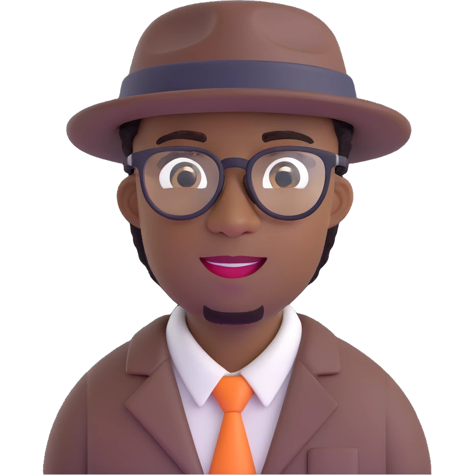 black man with glasses inspired by the main character from the movie Soul, wearing a hat, friendly expression emoji