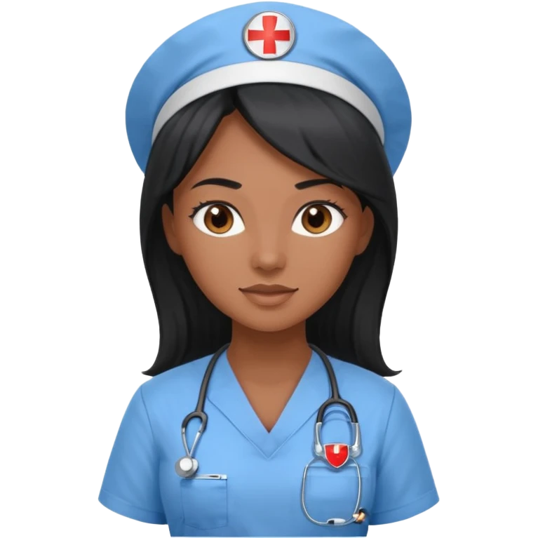 pretty brown skin nurse with long black hair and brown eyes in light blue scrubs emoji