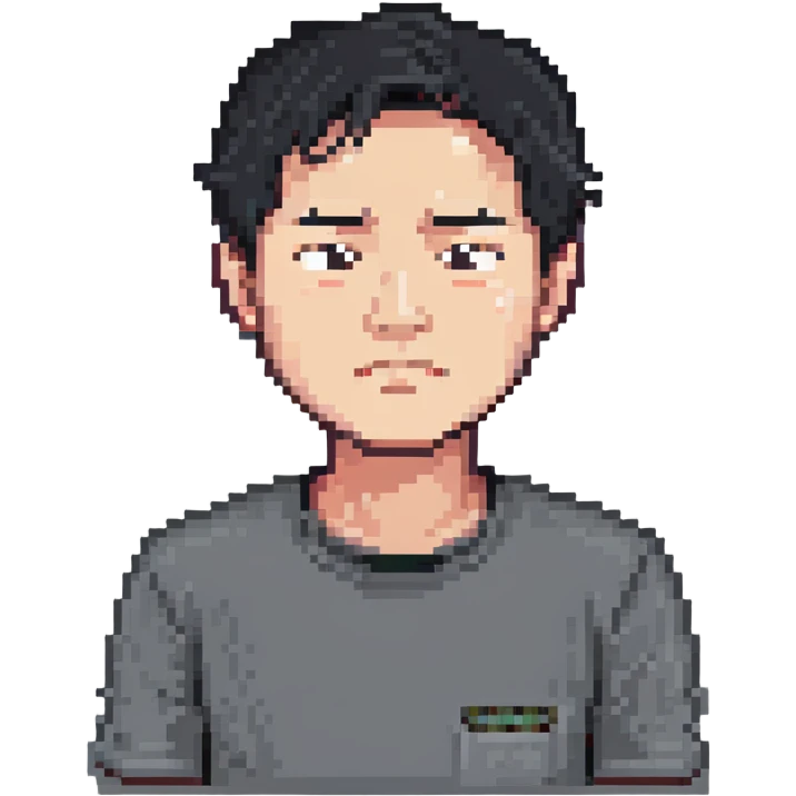 Asian man in a gray shirt with a frown emoji