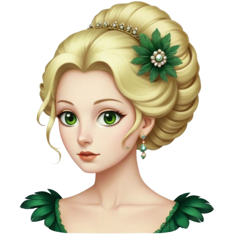 lady with Pale complexion, sharp features, high cheekbones, Blonde hair, green eyes, Regency-era elaborate updo, voluminous hairstyle, feathered ornaments emoji