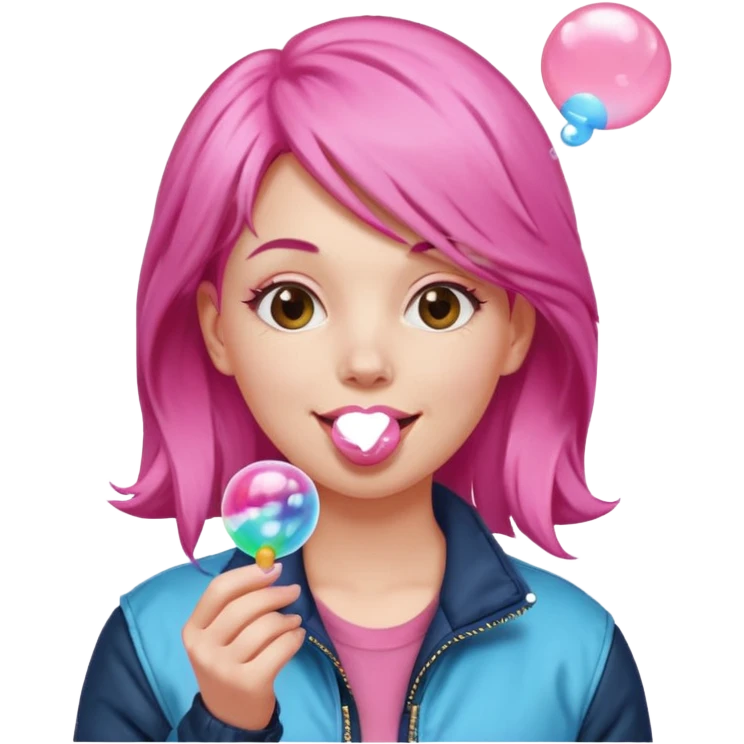 Pink-haired woman in jacket blowing bubble gum emoji