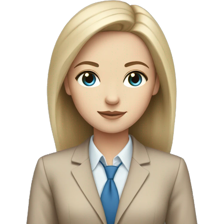 white girl with blue eyes and straight dark brown hair in a beige suit emoji