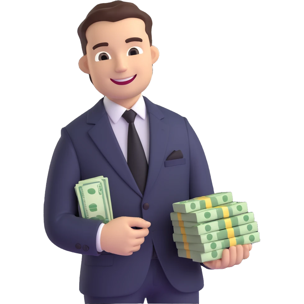 billionaire character wearing a suit and tie with a confident smile holding a stack of money or gold emoji