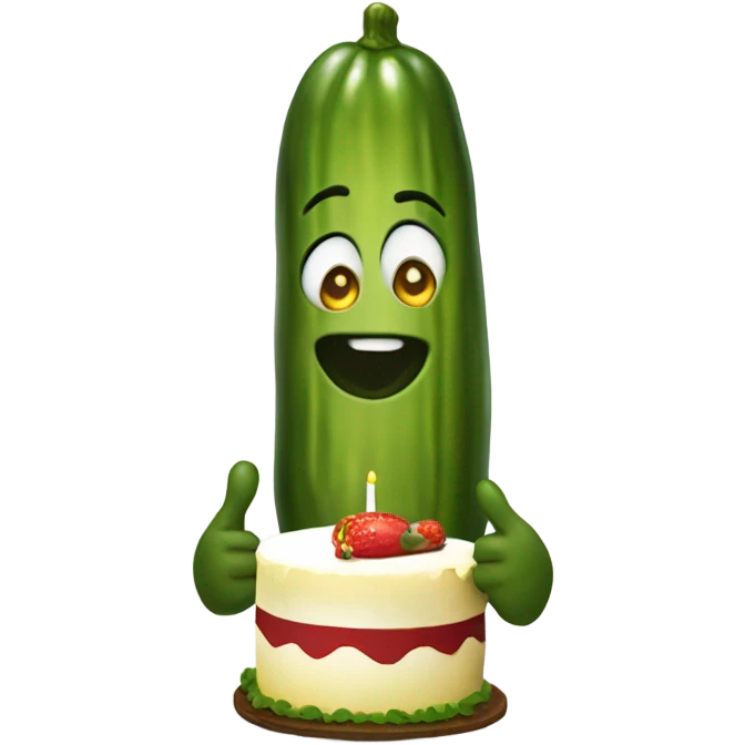 A pickle carrying a cake that says "omg" on it emoji