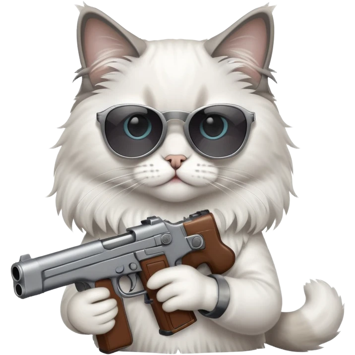 One ragdoll cat with sunglasses holding a gun emoji