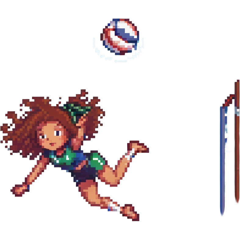 curly haired girl playing volleyball, diving for the ball, pixel art style emoji