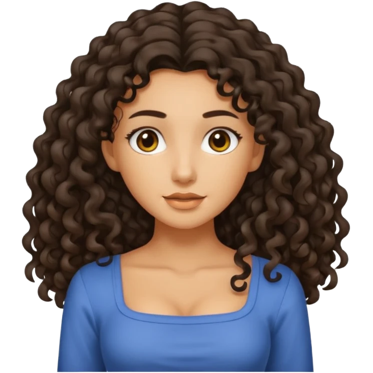 A tan girl with SUPER long dark curly hair and a square neckline shirt emoji
