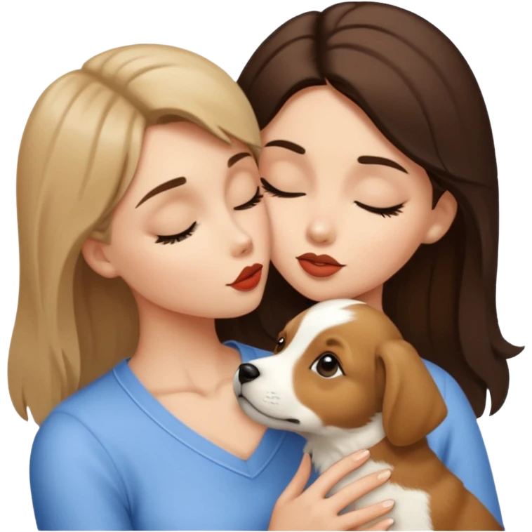 White and tan puppy kissing brunette woman emoji