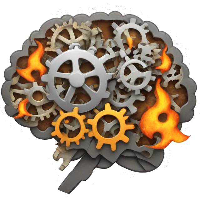 A brain made out of gears with flames licking out from between the gears emoji