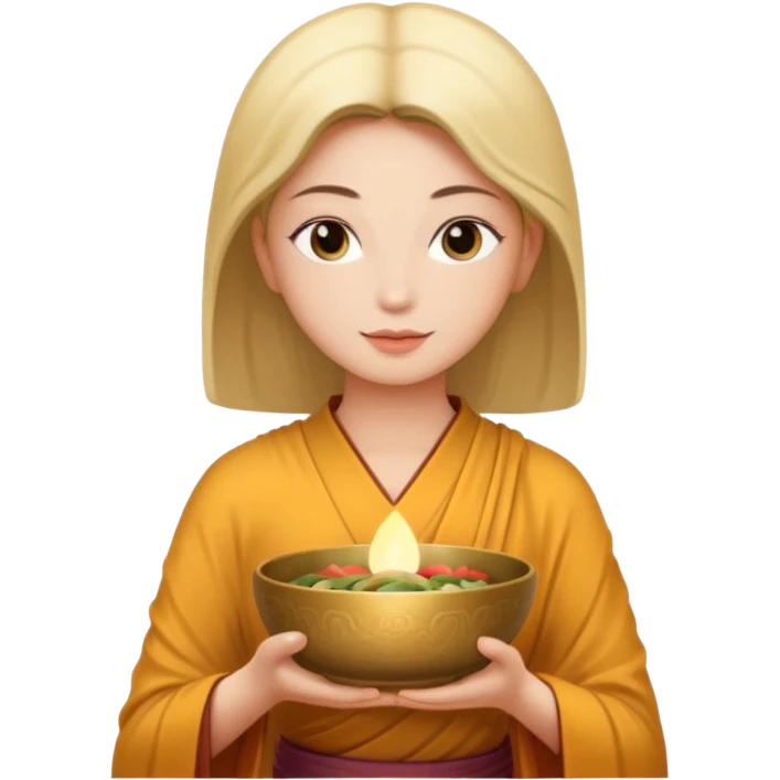 A woman  holds a Buddhist bowl in her hands. There is a glow around the girl. emoji