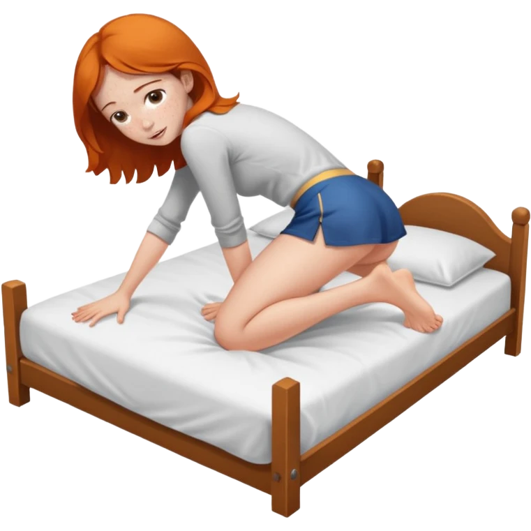 Fullbody nude very beautiful girl very beautiful face with freckles, big boobs, big ass, sexy body, bending over a bed spreading ass, getting ready for sex, realistic emoji