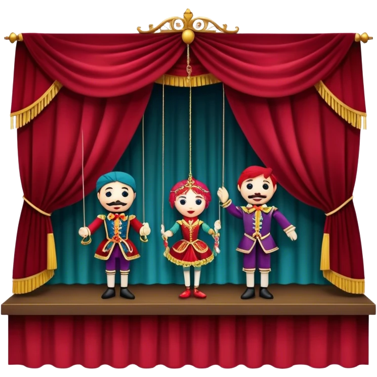 IIcon for Puppet Theater: a puppet stage with colorful marionettes, strings, and theatrical curtains. The icon should capture the whimsical and playful nature of puppet theater, with a focus on the characters and craftsmanship. Transparent background. emoji