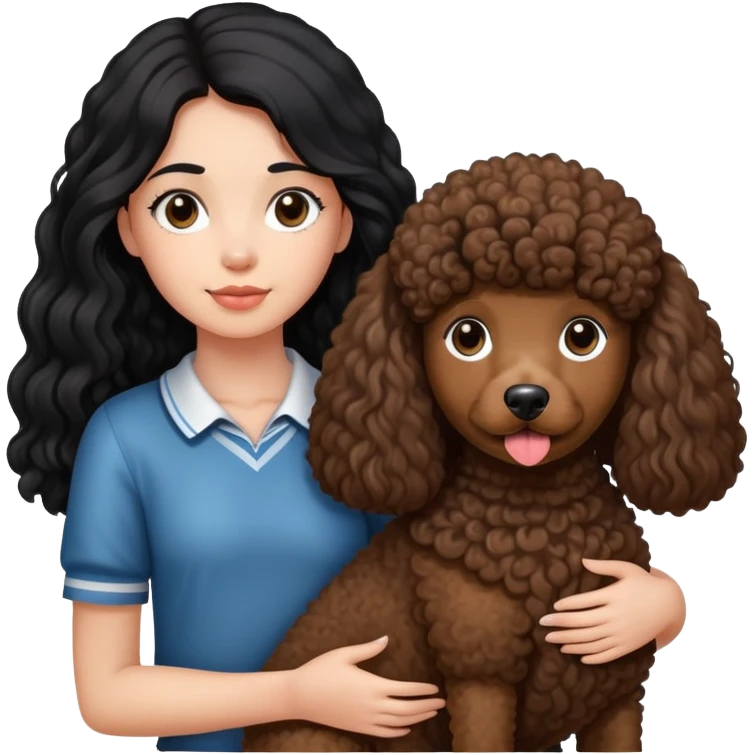 A girl with long straight black hair holding a curly brown giant poodle emoji