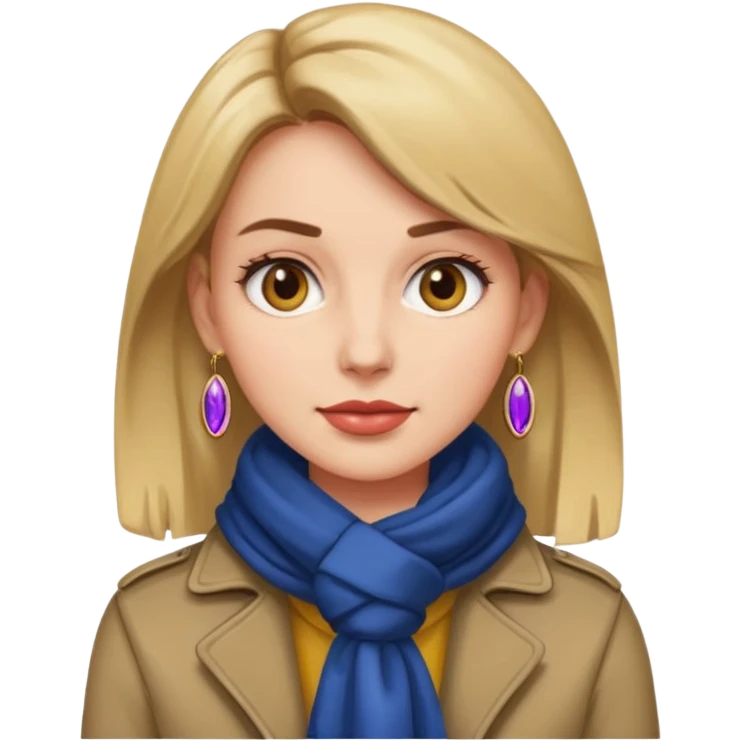 woman with slightly darker hair than original emoji, trendy jacket, scarf, statement earrings emoji