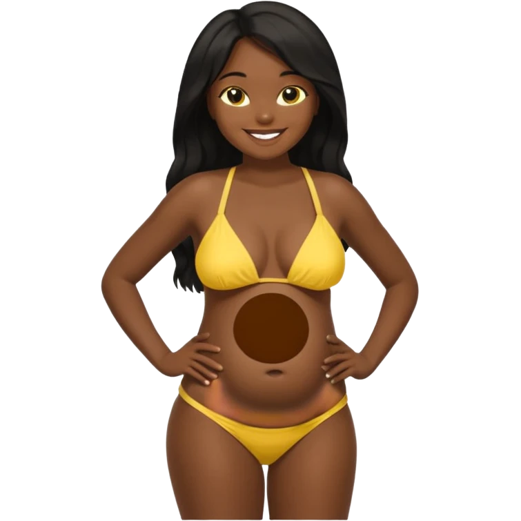 Dark skin african black girl long black hair, yellow bikini top, smiling, bare midriff, brown eyes, large round pregnant belly, yellow bikini bottoms, side view emoji