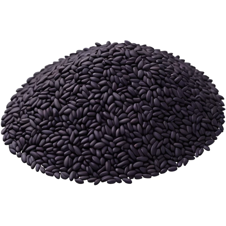 loose scatter of uncooked black rice grains, glossy elongated shape, deep purplish-black color, smooth slightly curved surface, subtle natural variations in tone, soft lighting, subtle shadows, emoji scale emoji