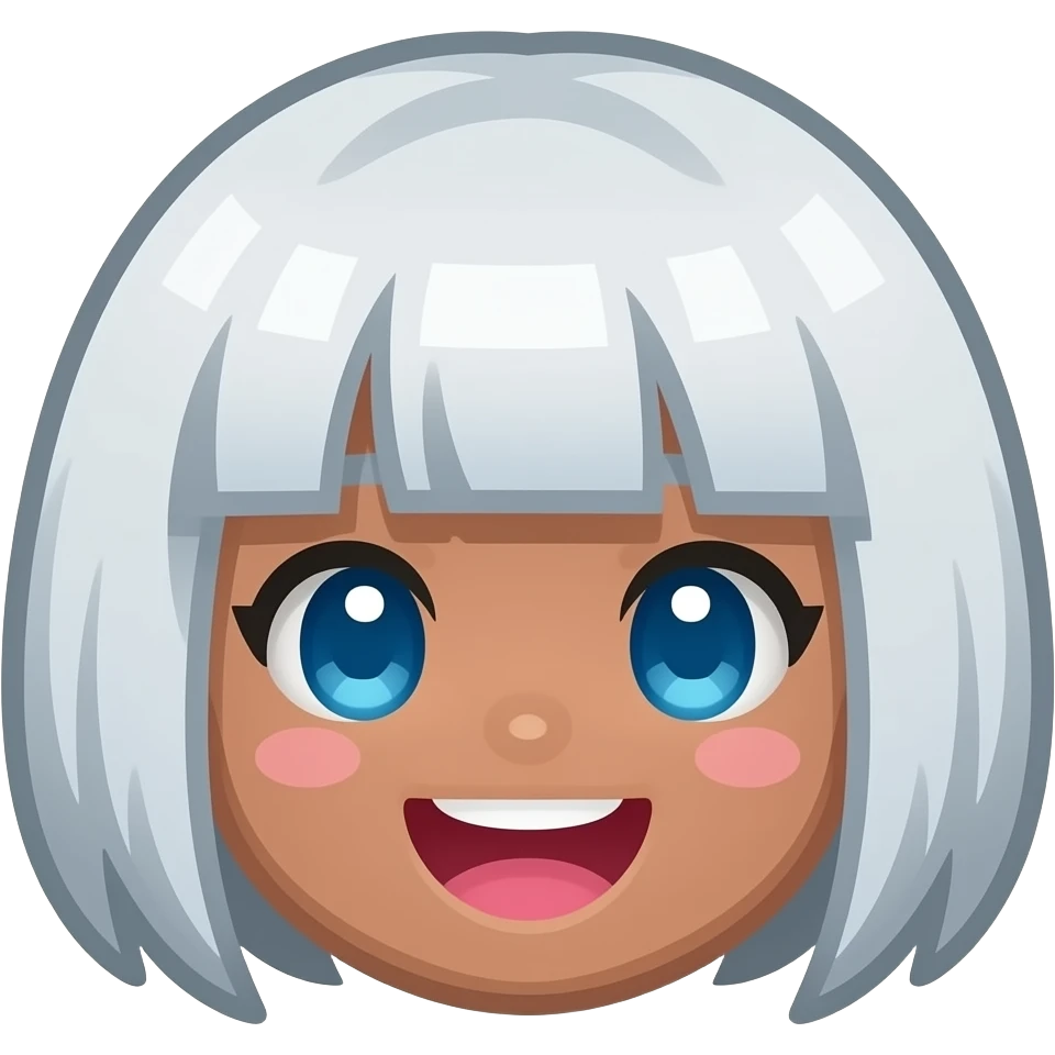 8-but Chibi pixelated head icon of a girl laughing white white short hair blue eyes pixel eyes and brown skin emoji