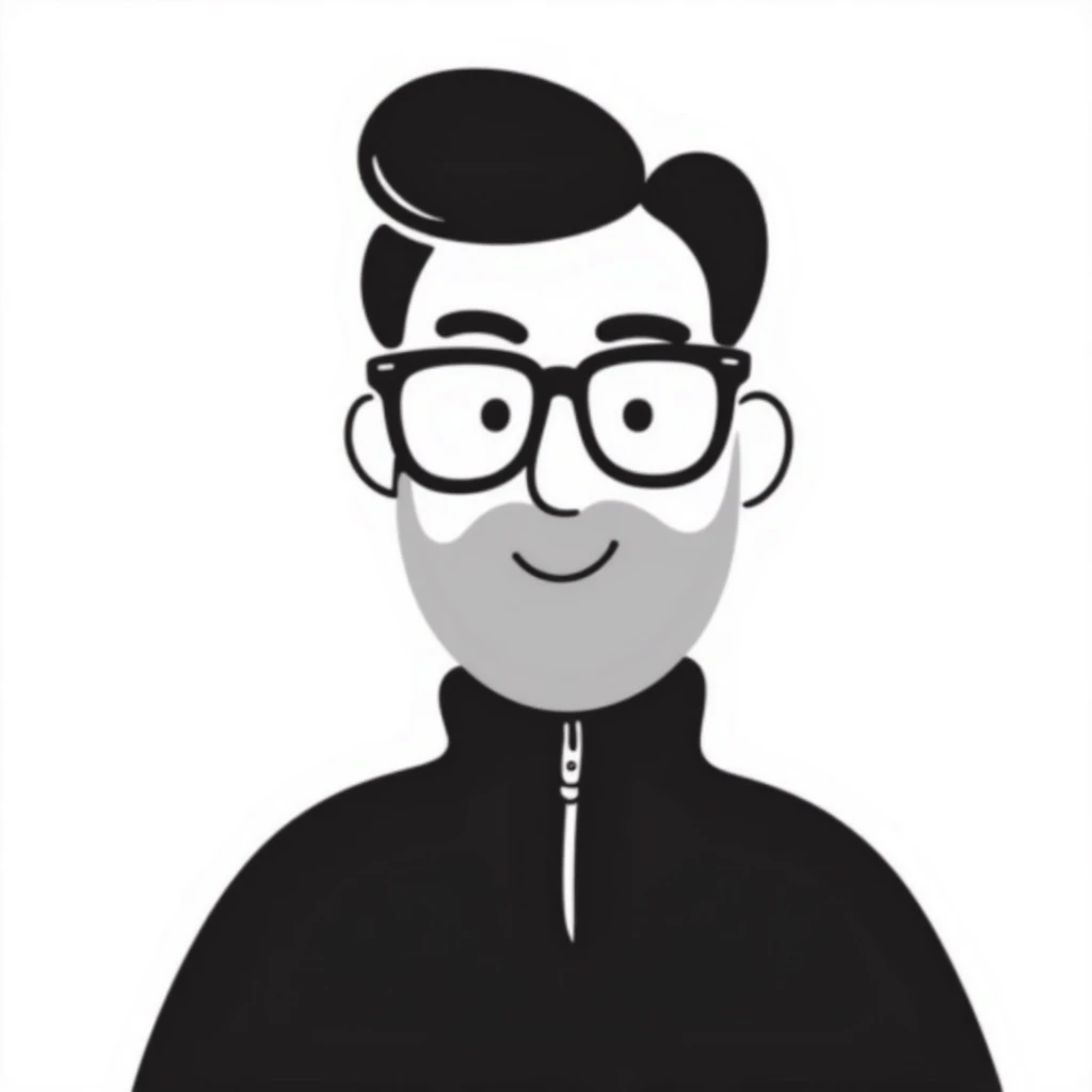 Light-skinned man with short black hair styled upwards, full short graying beard, smiling, wearing large black-framed glasses and a black long-sleeve sports shirt with zip at the neck emoji