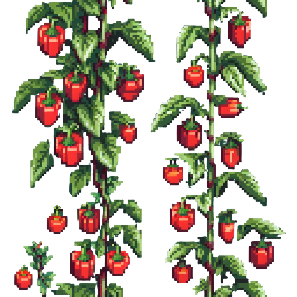 Green pepper plant with bright red bell peppers growing on stems emoji