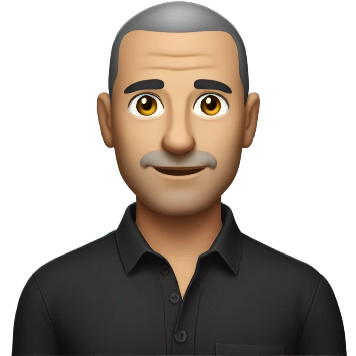 A middle-aged italian man with olive-toned skin with buzz cut hair and no facial hair. He is wearing a sleek black smart shirt, casually unbuttoned at the top. emoji