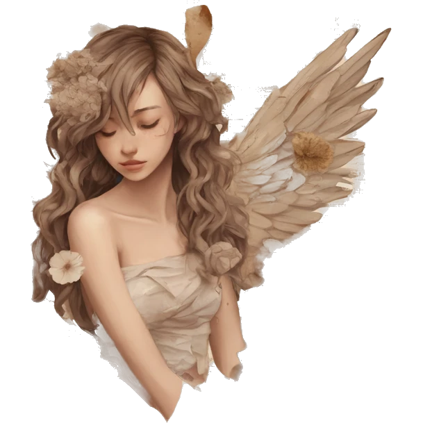 Library book bookworm academia aesthetic beige angel broken angel fallen angel tattoos with broken wing damaged wing torn wing, made of newspaper cuttings and dried flowers brown flowers emoji