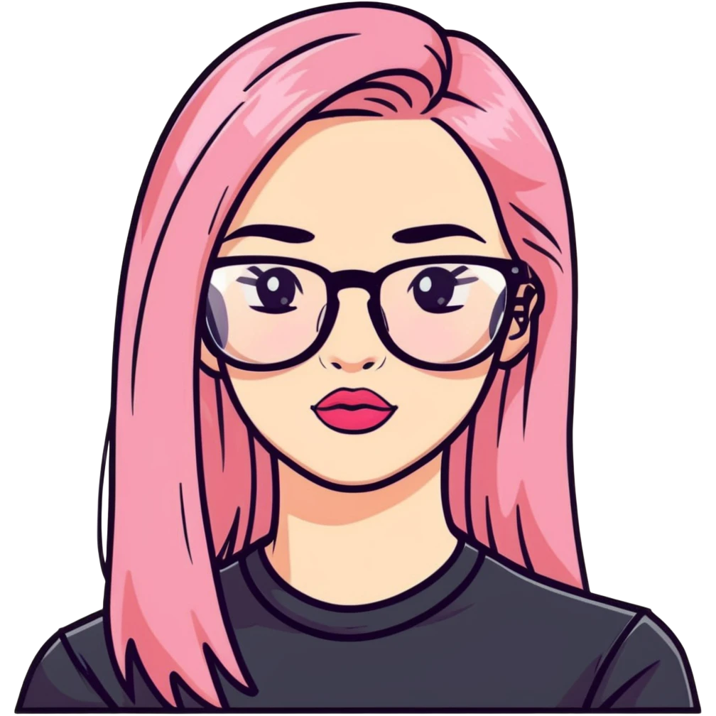 A teenage girl taking a selfie in a school bathroom. She has long, straight blonde and pink-dyed hair, wears rectangular glasses and a black shirt. Her expression is neutral with glossy lips emoji