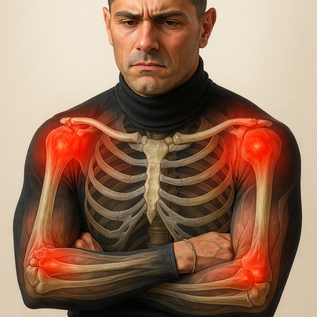 Create a series of 5 vertical images of a man (reference photo) with widespread joint pain, highlighting inflammation with an anatomical view. Show red zones on the joints, medical style, anatomical details, hyperrealism, variation 5. emoji
