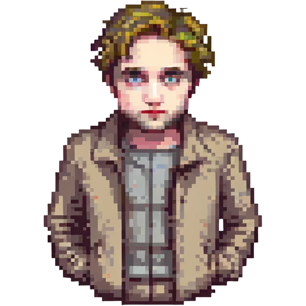 Robert Pattinson in pixel art, classic look, neutral expression, blocky pixel style emoji