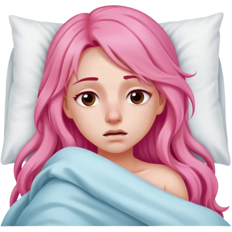 Young Woman with long pink hair In bed with sinus pain  emoji
