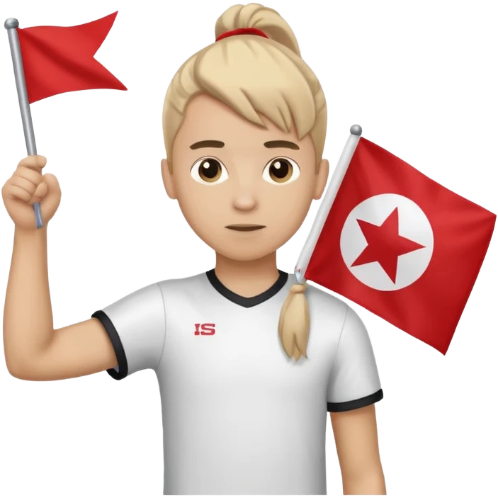 A pony tail hair boy holding a big team flag, waving it proudly with a determined expression. emoji