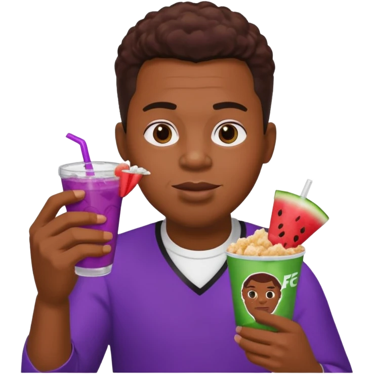 A black male eating KFC chicken and watermelon with a purple drink on the side ￼ emoji