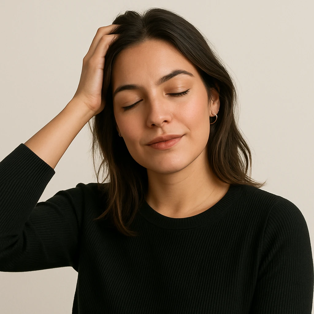 woman with hand on head, relaxed, modern look, clean background emoji