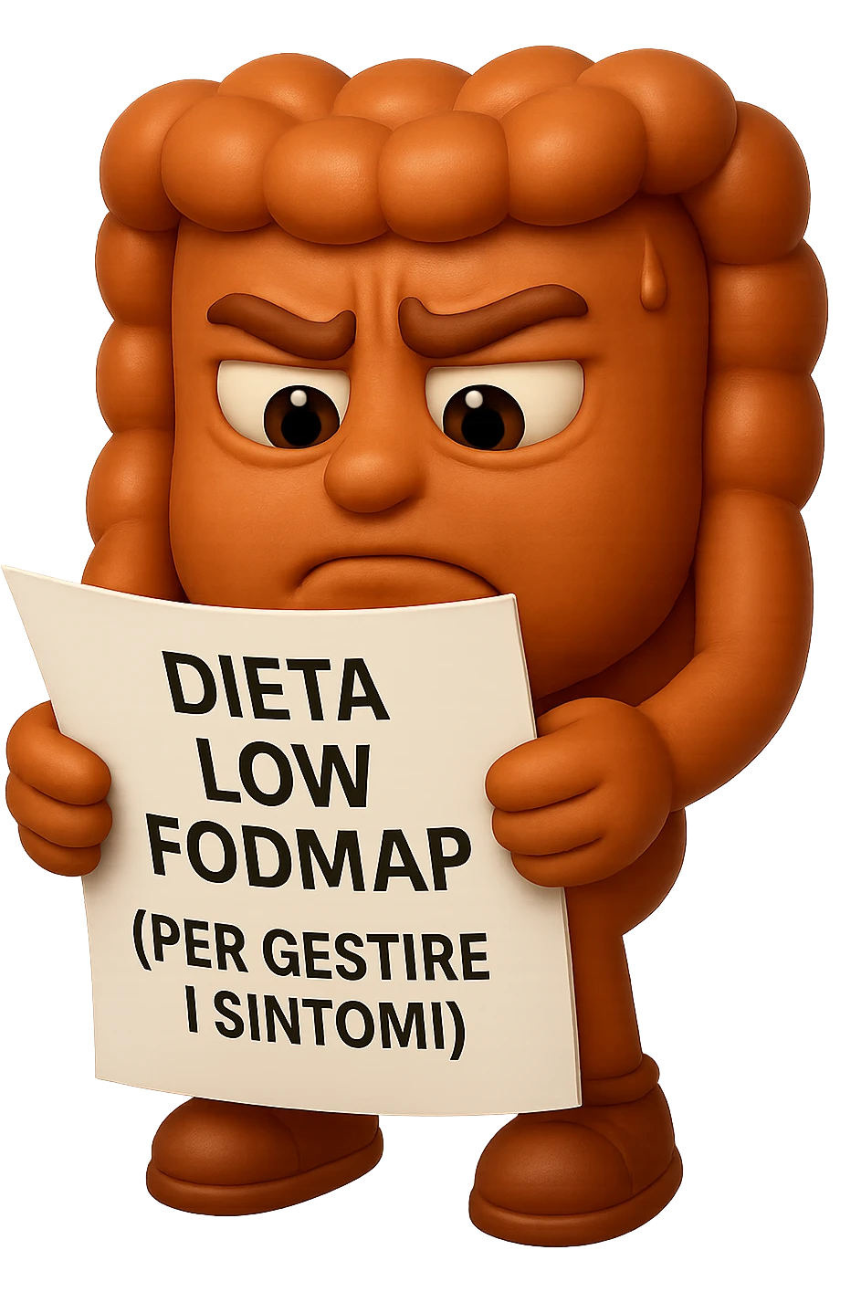EMOJI STILE IPHONE DI UN INTESTINO UMANO ANATOMICO CHE GUARDA UN FOGLIO CON LA SCRITTA "DIETA LOW FODMAP (PER GESTIRE I SINTOMI)", FAGLI ANCHE LA PARTE BIANCA DEGLI OCCHI, NON SOLO LE PUPILLE, IPERREALISTICO 4K emoji