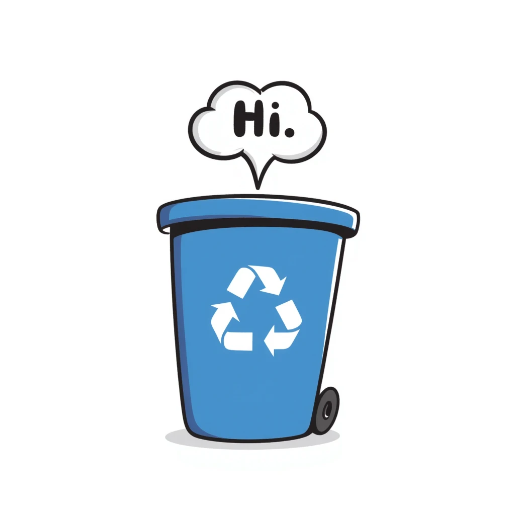 hand-drawn blue bin with a smile, speech bubble with 'hi' emoji