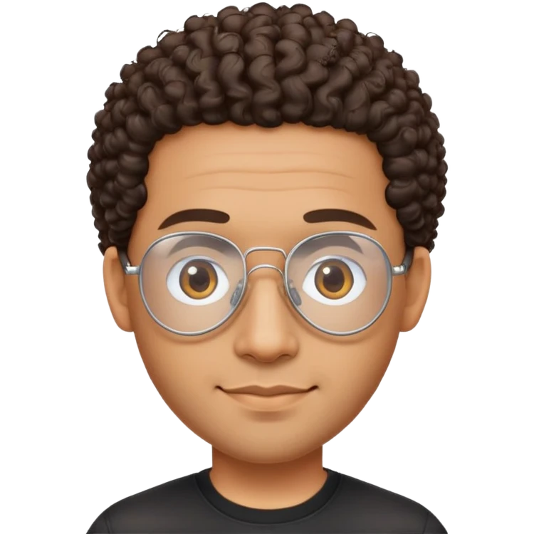 Latino man with oval face, clear lens aviator glasses with metal frames, bald sides with curly hair on top, friendly expression, brown skin, black shirt emoji