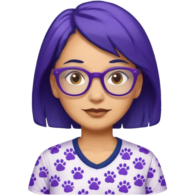 50-year-old woman with hair that is navy blue, purple glasses, and brown eyes, in a shirt with small pawprints all over it. emoji