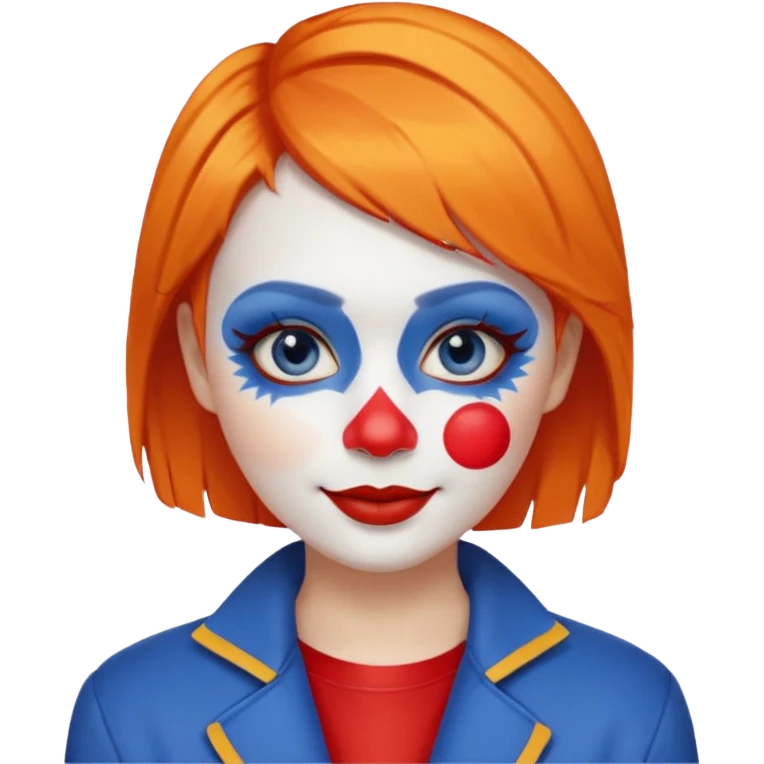 Orange short hair.

White face paint with blue eye makeup and a red nose.

Bright smile with red lips.

Wearing a red jacket over a yellow shirt. emoji