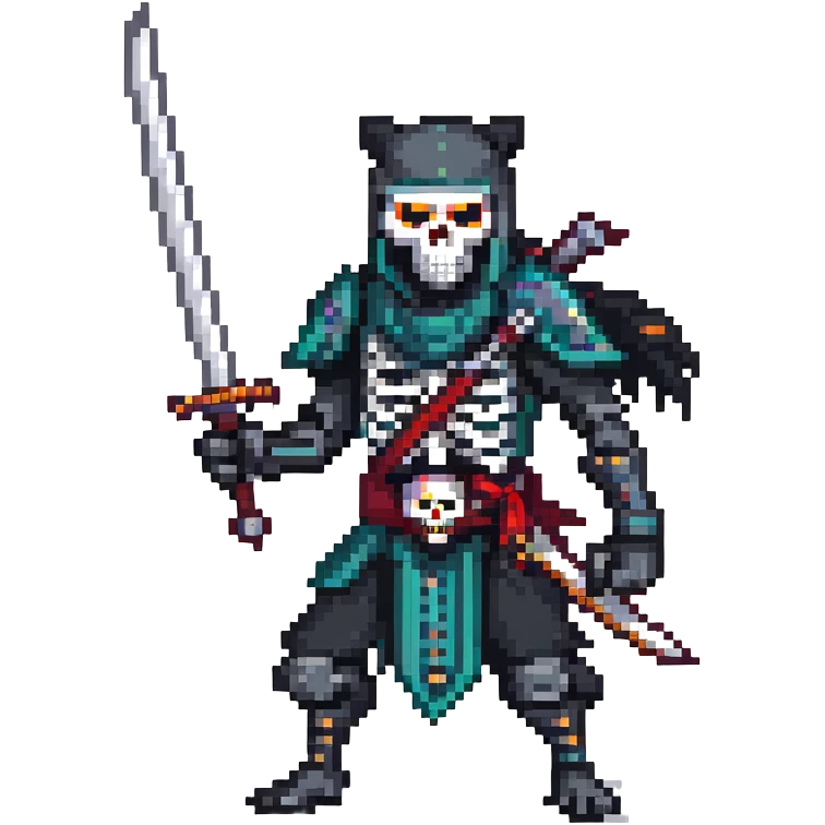 pixel art ninja skeleton wielding swords, accompanied by a fierce black wolf emoji