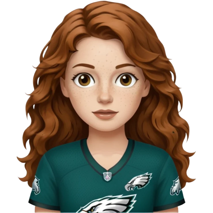 White girl with thin long brown wavy hair and freckles wearring a Philadelphia eagles jersey emoji