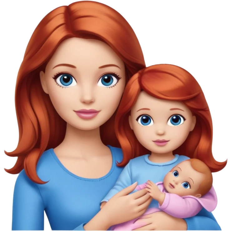 A barbie girl with makeup with brown hair with a baby, a daughter, a girl with red hair, holding her hand in blue clothes emoji