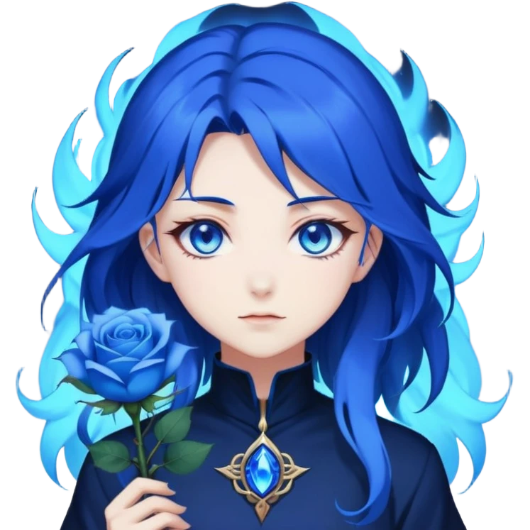 anime girl with dark blue hair, blue rose in hair, glowing blue eyes, Solo Leveling style, sharp features, blue magical aura, 2D emoji emoji