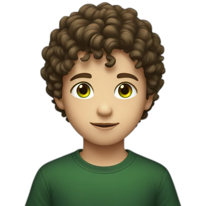 Young boy with short brown curly hair and black tee shirt and green eyes emoji