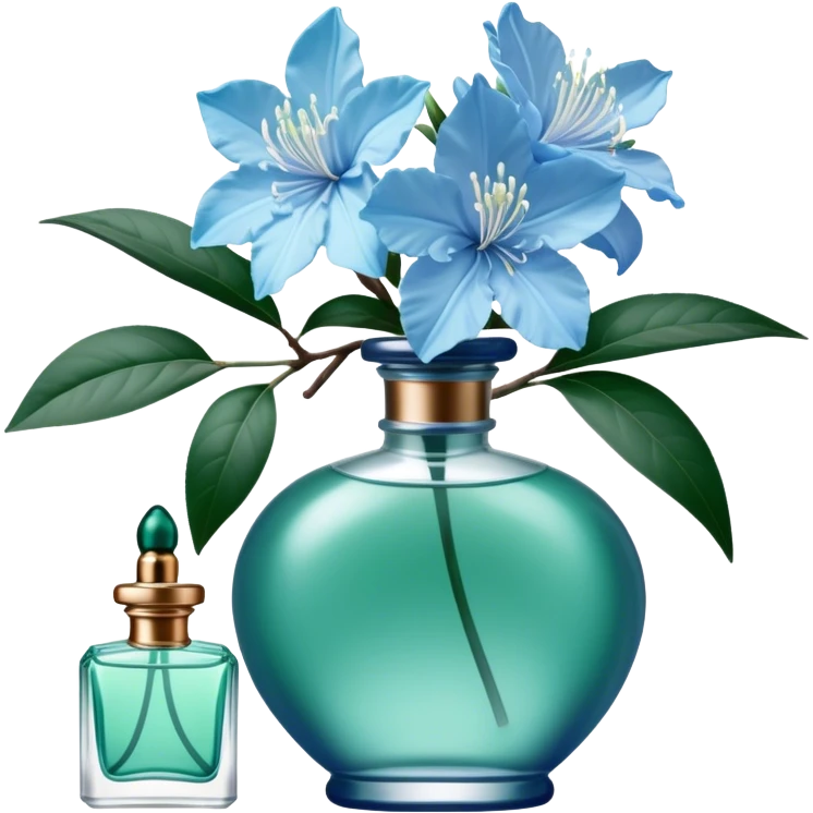 Aesthetic ensemble of soft blue azaleas alongside a charming vintage green perfume bottle.
 emoji
