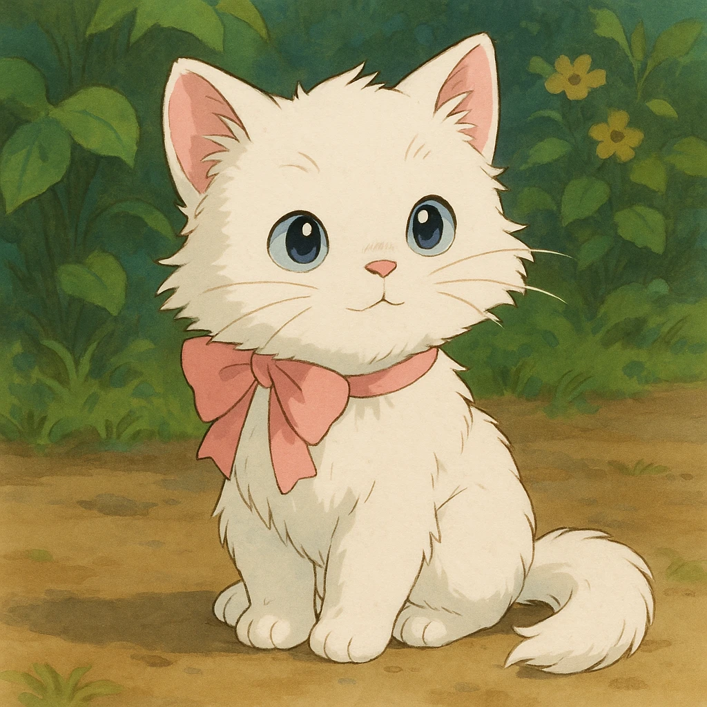cute fluffy white kitten with a light pink bow, ghibli style emoji