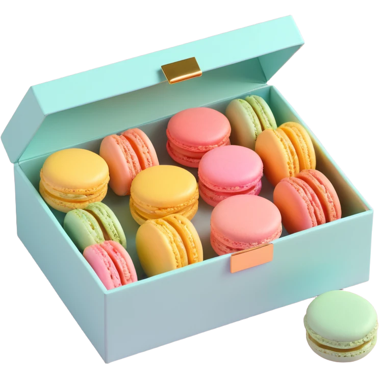 a box of macarons with gold foil details, luxurious and shiny, pastel and metallic colors, elegant look emoji