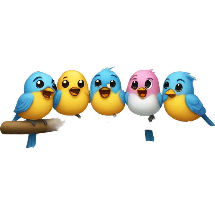 Five round, adorable little birds are chirping away on a tree branch. emoji