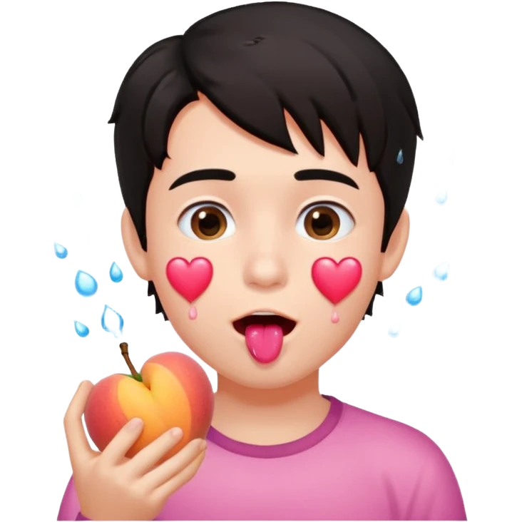 Cute boy, grown out dark hair, eating a peach, pink hearts floating , water dripping from mouth emoji