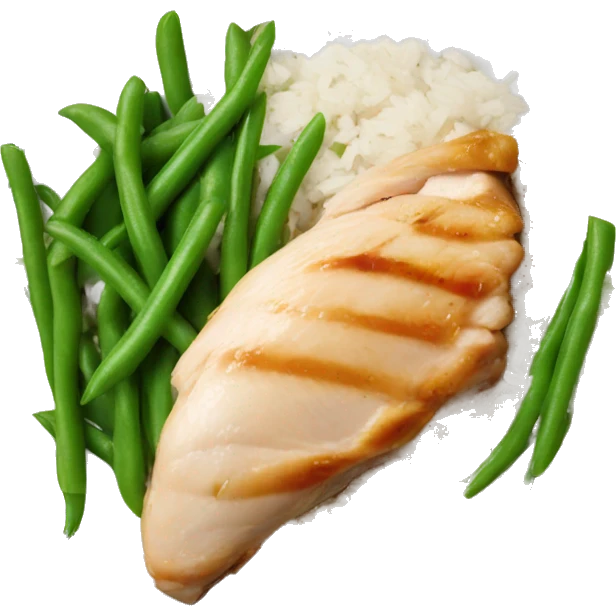 Chicken breast, green beans, and rice on a dinner plate  emoji